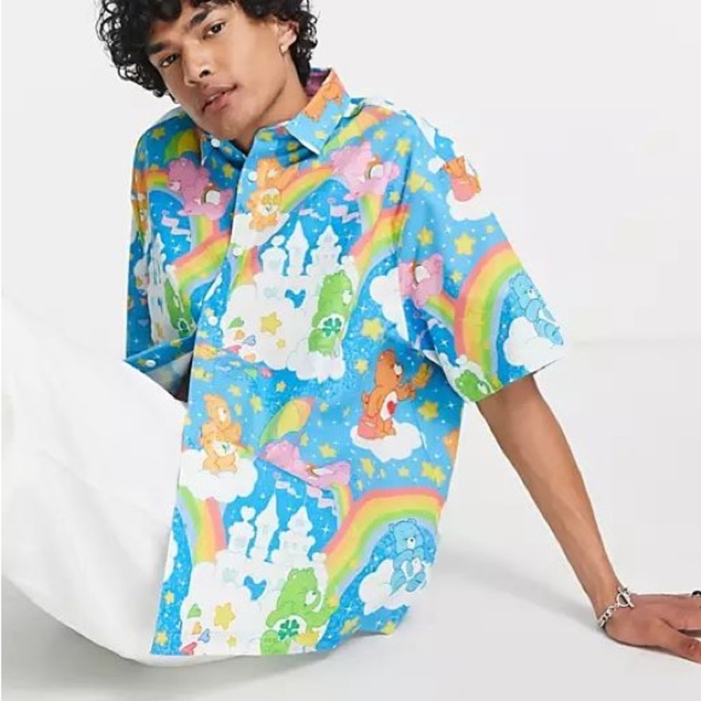 🌈 🐻💜💛🩵💙 ASOS Men’s Boxy Care Bears Button Shirt NWOT